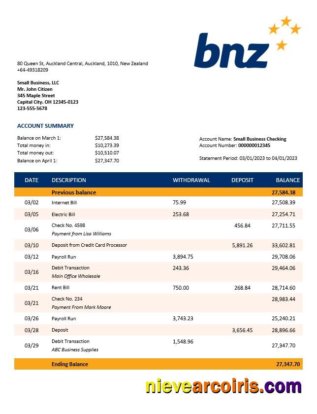 BNZ Bank organization account statement